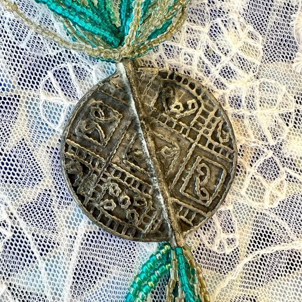 Vintage Pewter Medallion Seed Bead Necklace - Picture 3 of 8